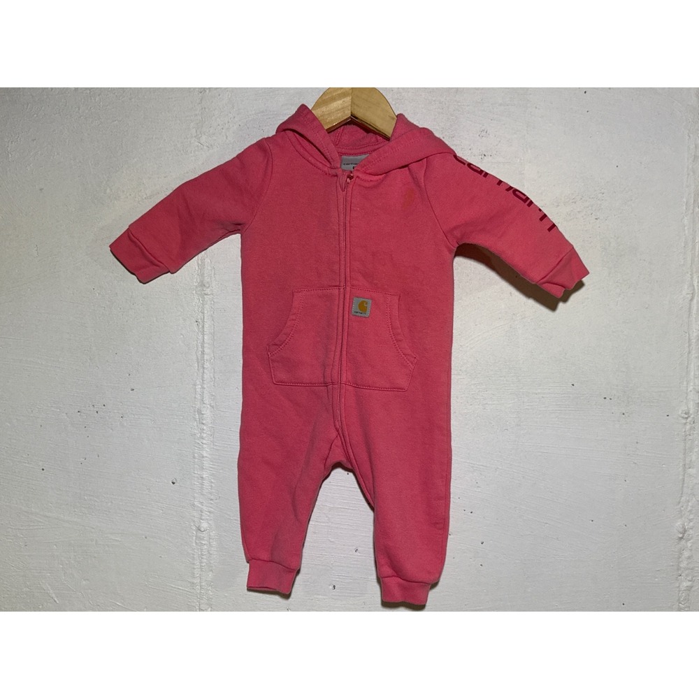 Carhartt Baby Girls 6M Pink Hooded Fleece Zip Front Coverall Romper